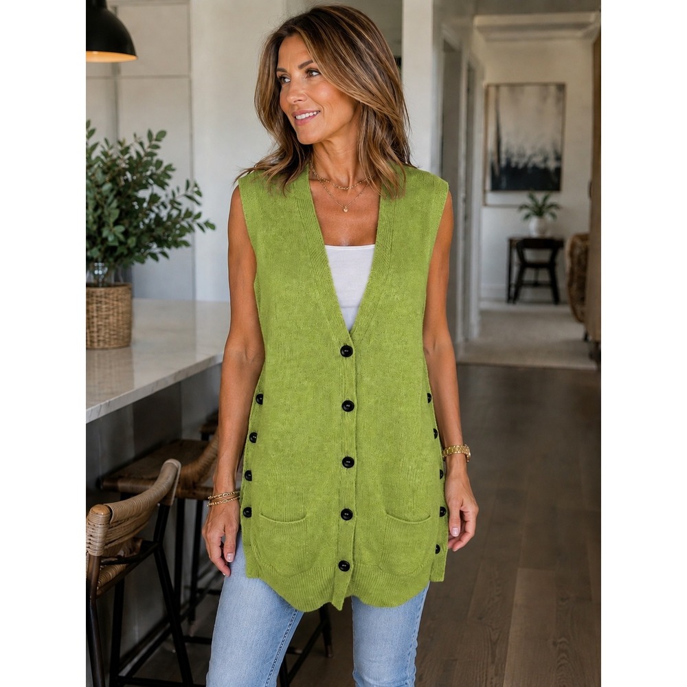 NEW J'Envie New York Green Cotton Sleeveless Longline Knit Cardigan Sweater Vest